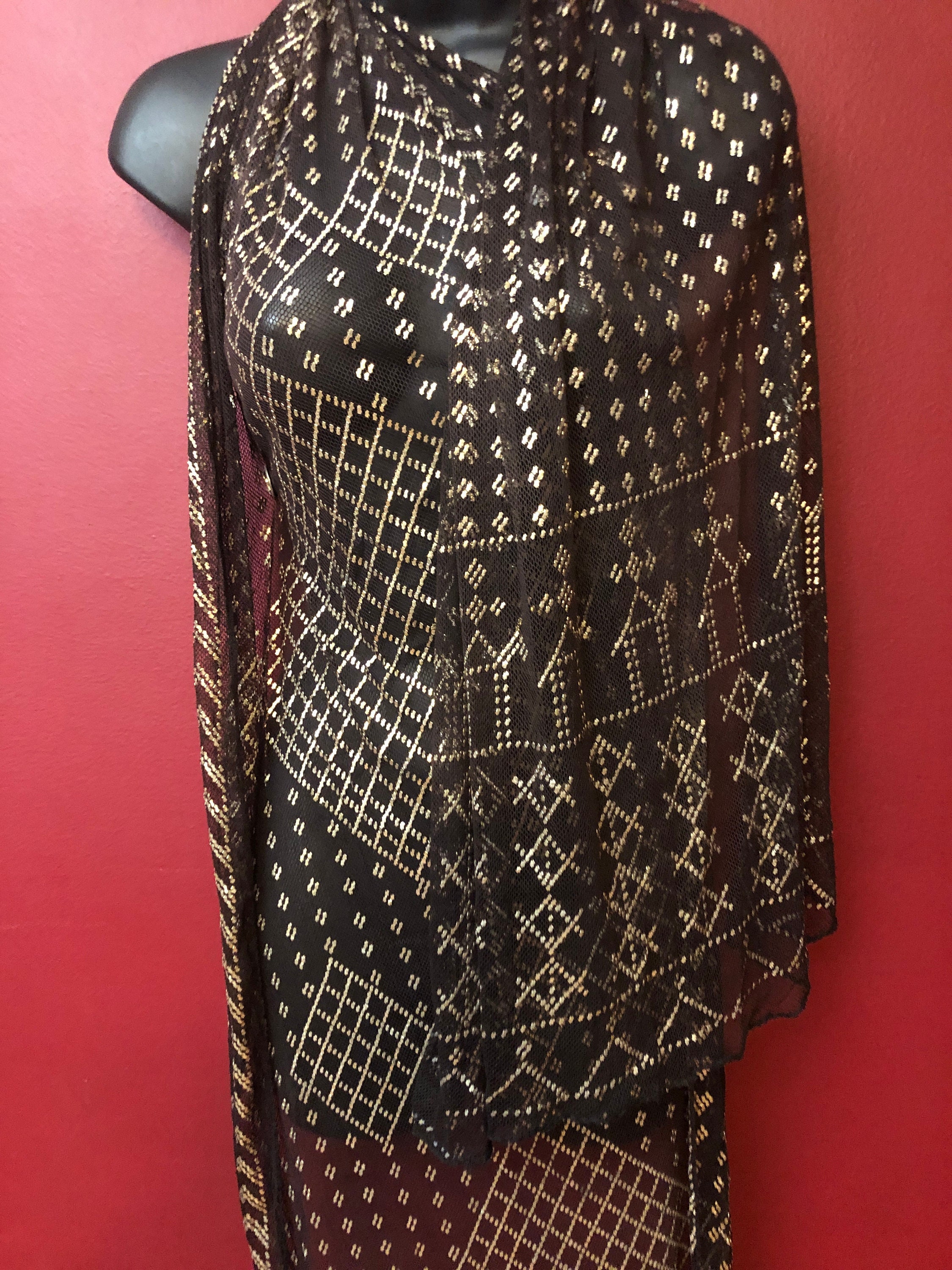 Vintage Egyptian Assuit 15 Diamond with figural designs Dark Brown/Black  with warm silver  XTRA LONG ASSUIT
