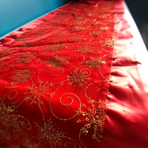 Vintage Red with Glittering Gold Indian Satin  Fabric Table Runner /Wall hanging; Perfect for holiday decoration.
