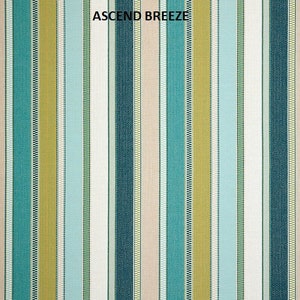May include: A striped fabric with alternating bands of teal, light blue, white, beige, and yellow. The fabric has a subtle texture and is labeled "ASCEND BREEZE".