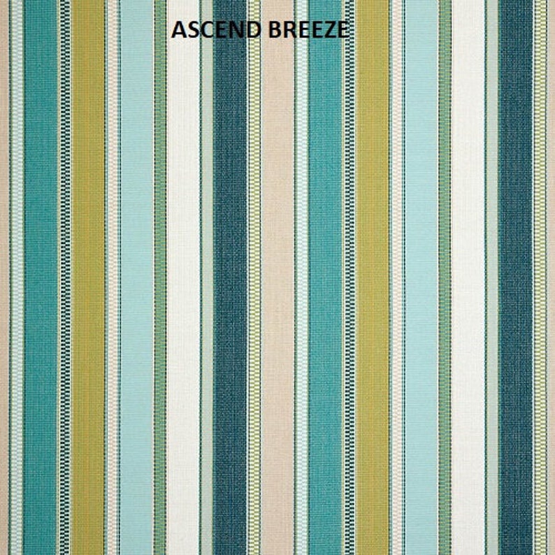 May include: A striped fabric with alternating bands of teal, light blue, white, beige, and yellow. The fabric has a subtle texture and is labeled "ASCEND BREEZE".