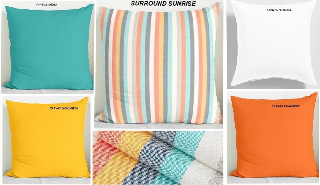 Sunbrella Pillows, Surround Sunrise, Canvas Natural, Canvas Tangerine