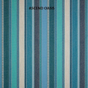 May include: A striped fabric with alternating bands of teal, blue, and white. The fabric has a subtle texture and is labeled "ASCEND OASIS".