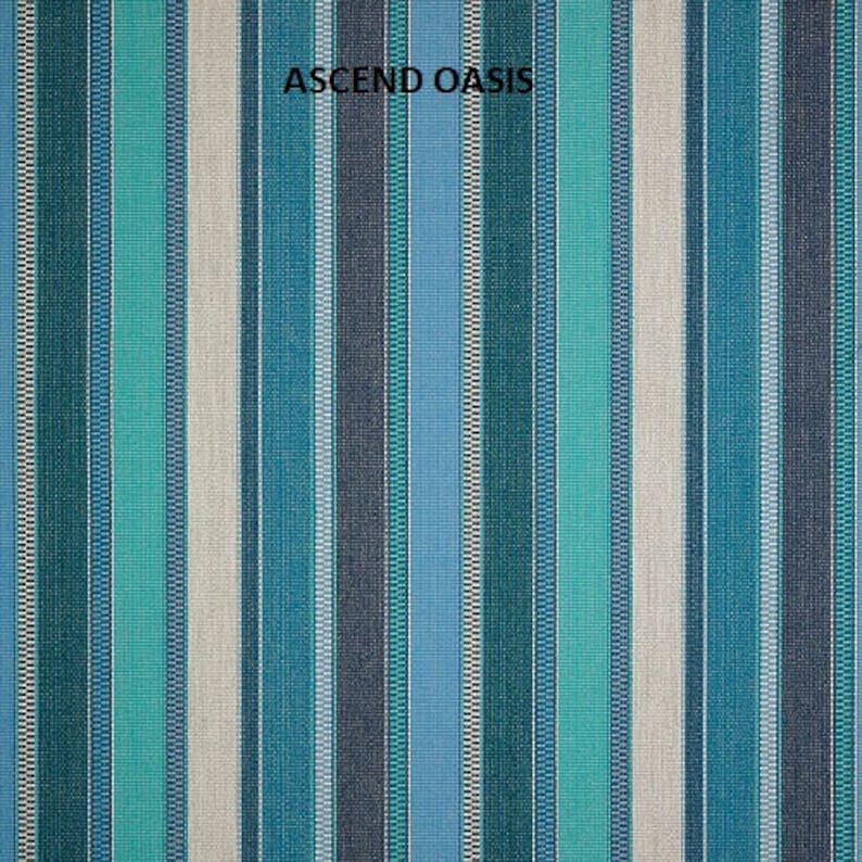 May include: A striped fabric with alternating bands of teal, blue, and white. The fabric has a subtle texture and is labeled "ASCEND OASIS".
