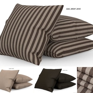 Puede incluir: Tres cojines de decoración a rayas marrones y beige con el texto "Sail Away Java" en el cojín superior.