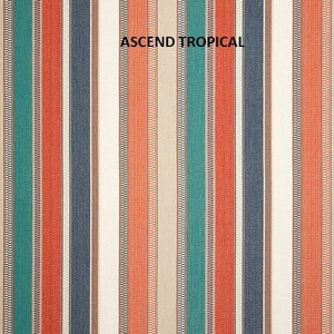 May include: A striped fabric with alternating bands of red, white, teal, and gray. The fabric has a woven texture and is labeled "ASCEND TROPICAL".