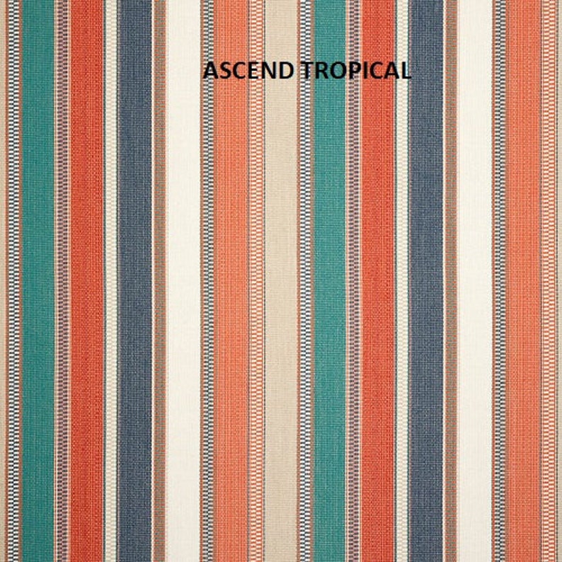 May include: A striped fabric with alternating bands of red, white, teal, and gray. The fabric has a woven texture and is labeled "ASCEND TROPICAL".
