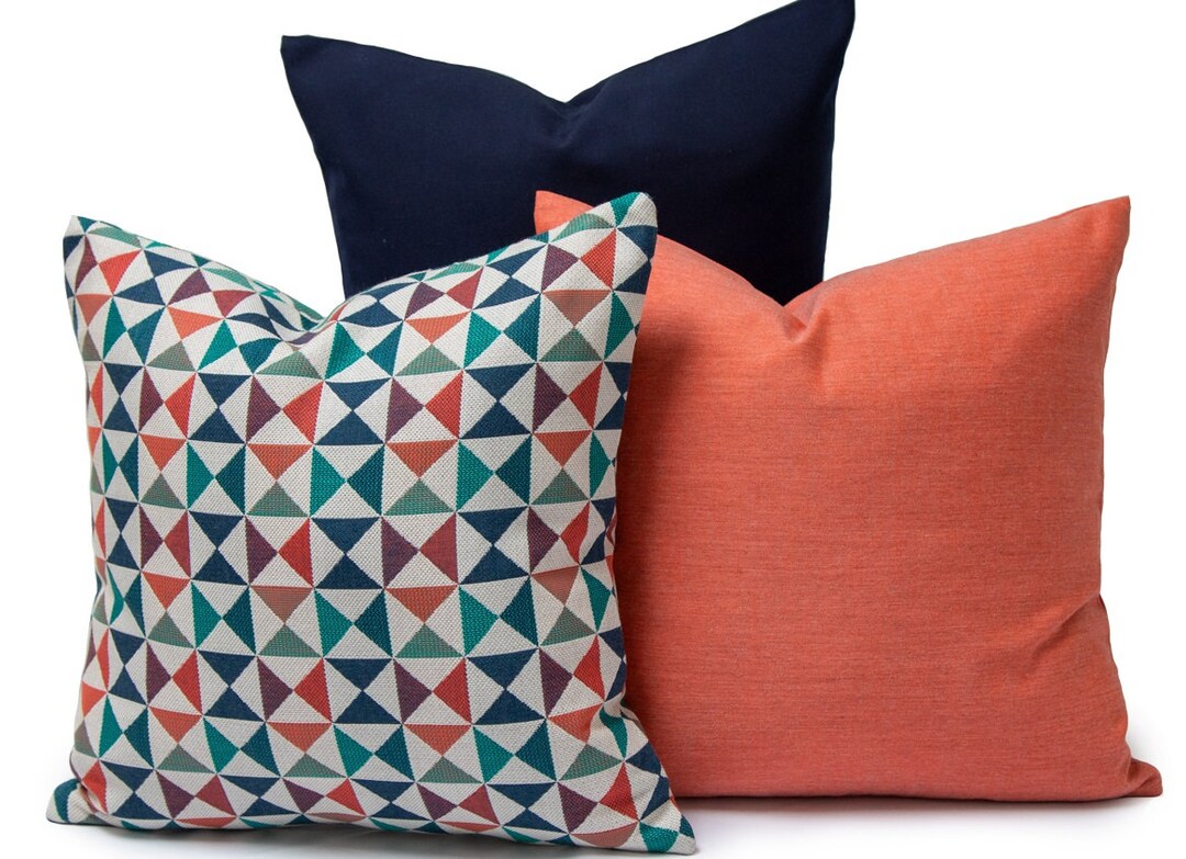 Sunbrella Pillows, Array Caribbean, Canvas Persimmon, Canvas Navy