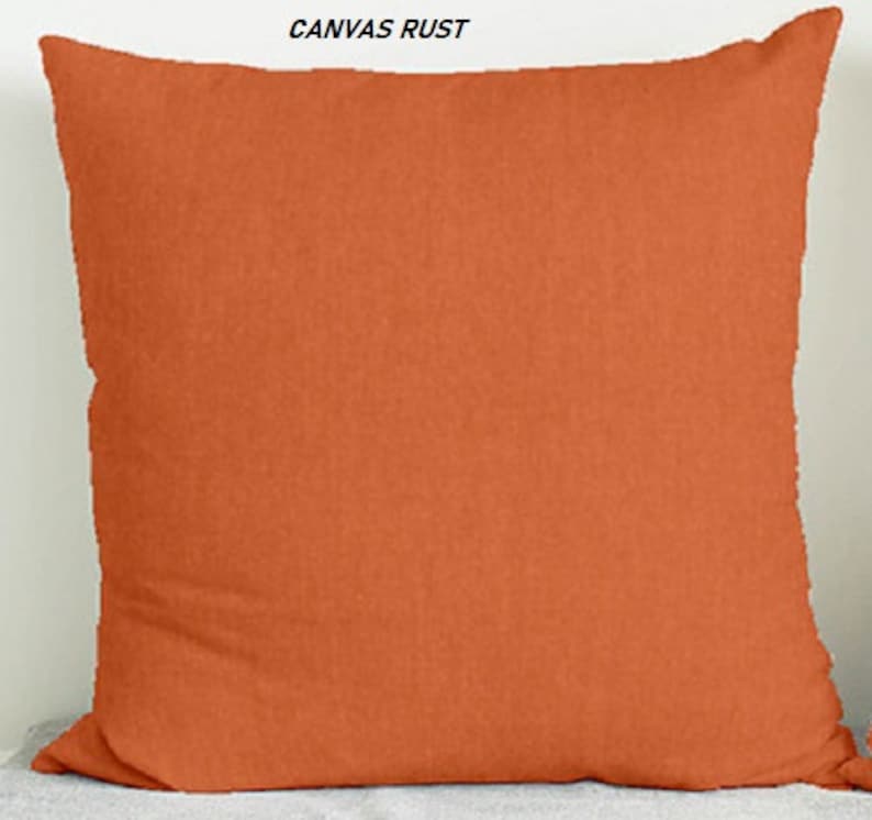 May include: A solid rust orange throw pillow with a smooth, slightly textured fabric. The pillow is square and has a simple, modern design.