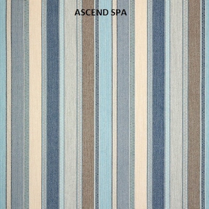 May include: A striped fabric with alternating bands of beige, blue, and brown. The fabric has a subtle woven texture. The text "ASCEND SPA" is printed in the center of the fabric.