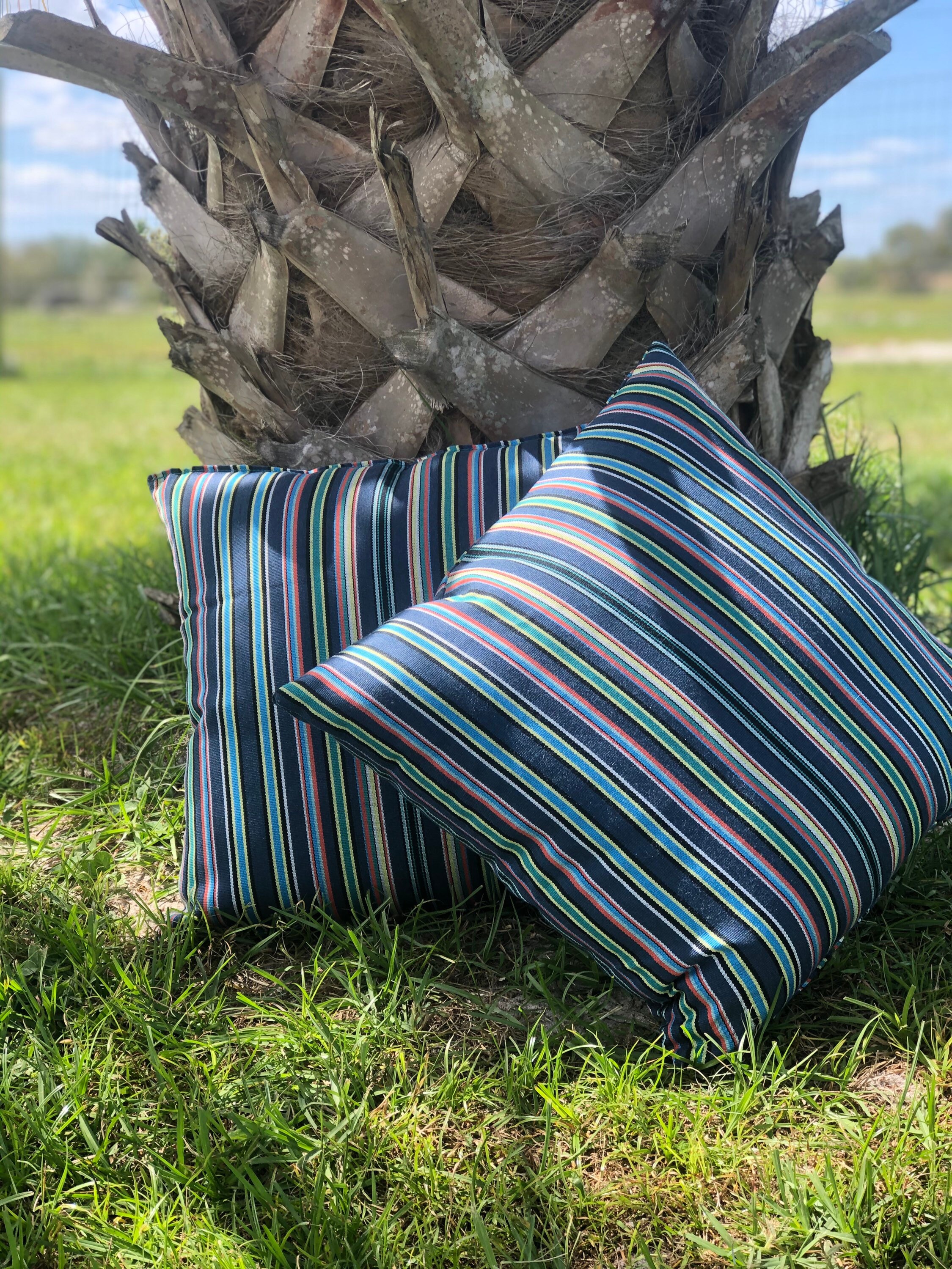 Sunbrella Pillows Cultivate Breeze Melon Navy Cyan Etsy