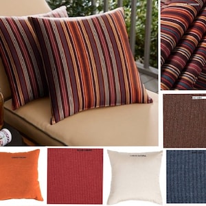 May include: Two striped throw pillows with a brown, orange, and purple color scheme. The pillows are on a beige couch. The image also shows close-ups of different fabric swatches in various colors and textures.