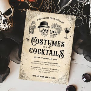 Faire-part d&#39;Halloween déguisements et cocktails, faire-part d&#39;Halloween adulte modifiable, invitation vintage gothique, modèle Canva téléchargement immédiat