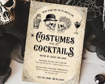 Può includere: Un invito a tema Halloween con il testo "Costumes and Cocktails" e illustrazioni di teschi, cocktail e ragnatele. L'invito è su carta in stile vintage, con un teschio ed elementi decorativi sullo sfondo.