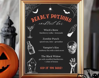 Deadly Potions Halloween Bar Schild, bearbeitbare Canva Vorlage, schwarz druckbare Getränkekarte, Halloween Cocktails, Größen 8x10, 8.5x11, 5x7, Spooky