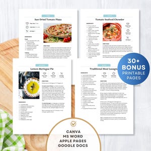 Modelo de livro de receitas editável de 4 páginas, MS Word, Mac Apple Pages, Google Docs, Canva, modelo de livro de receitas para impressão, modelo de livro de receitas