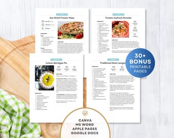 Plantilla de recetario editable de 4 páginas, MS Word, Mac, Apple Pages, Google Docs, Canva, plantilla de recetario imprimible, plantilla de libro de cocina