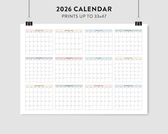 2026 Wall Calendar, 2026 Large Printable Calendar, 2026 Pastel Calendar, 2026 Calendar Landscape, 2026 Monthly Calendar, Big Wall Planner