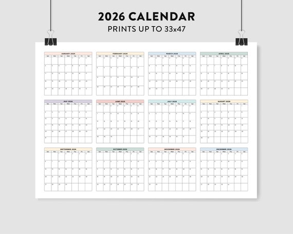 2026 Wall Calendar, 2026 Large Printable Calendar, 2026 Pastel Calendar, 2026  Calendar Landscape, 2026 Monthly Calendar, Big Wall Planner - Etsy