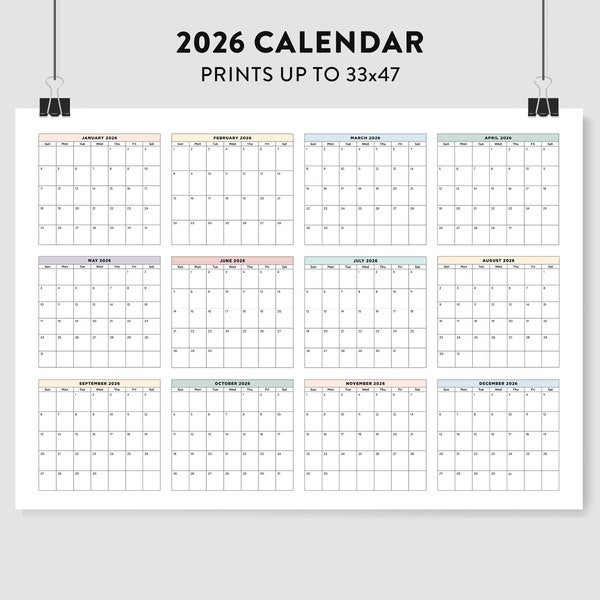 2026 Wall Calendar, 2026 Large Printable Calendar, 2026 Pastel Calendar, 2026 Calendar Landscape, 2026 Monthly Calendar, Big Wall Planner