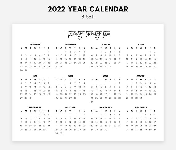 2022 printable calendar 2022 simple calendar 2022 landscape etsy new zealand
