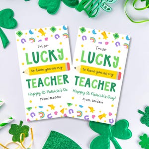 Etiqueta de regalo del día de San Patricio para maestros, etiqueta imprimible con amuletos de la suerte para la escuela, tarjeta del día de San Patricio para maestros, etiqueta de la suerte de San Patricio