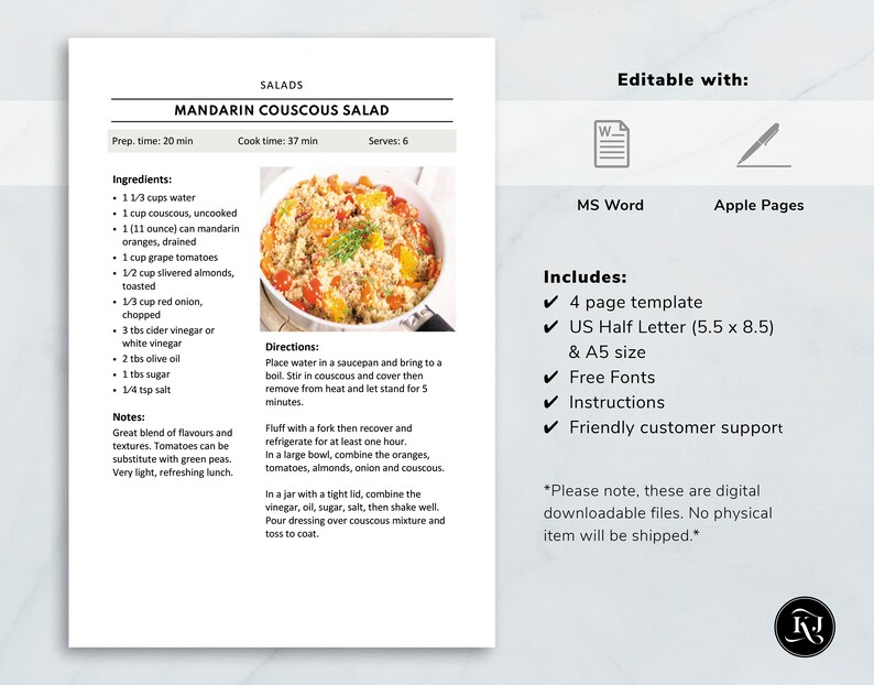 Half Letter Recipe Template Editable Recipe Pages Kitchen - Etsy Canada
