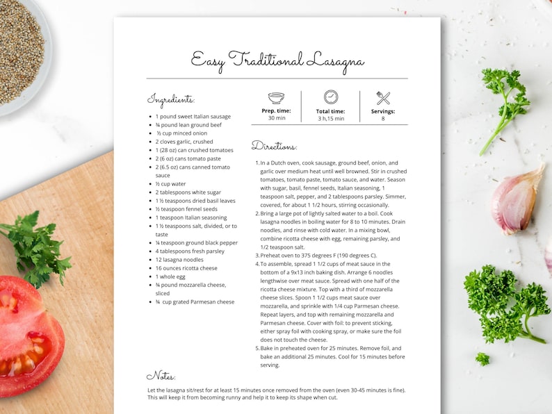 May include: A printed recipe for Easy Traditional Lasagna, with ingredients and instructions. The recipe includes Italian sausage, ground beef, and lasagna noodles. Garnishes of parsley, garlic, and a tomato half are visible.
