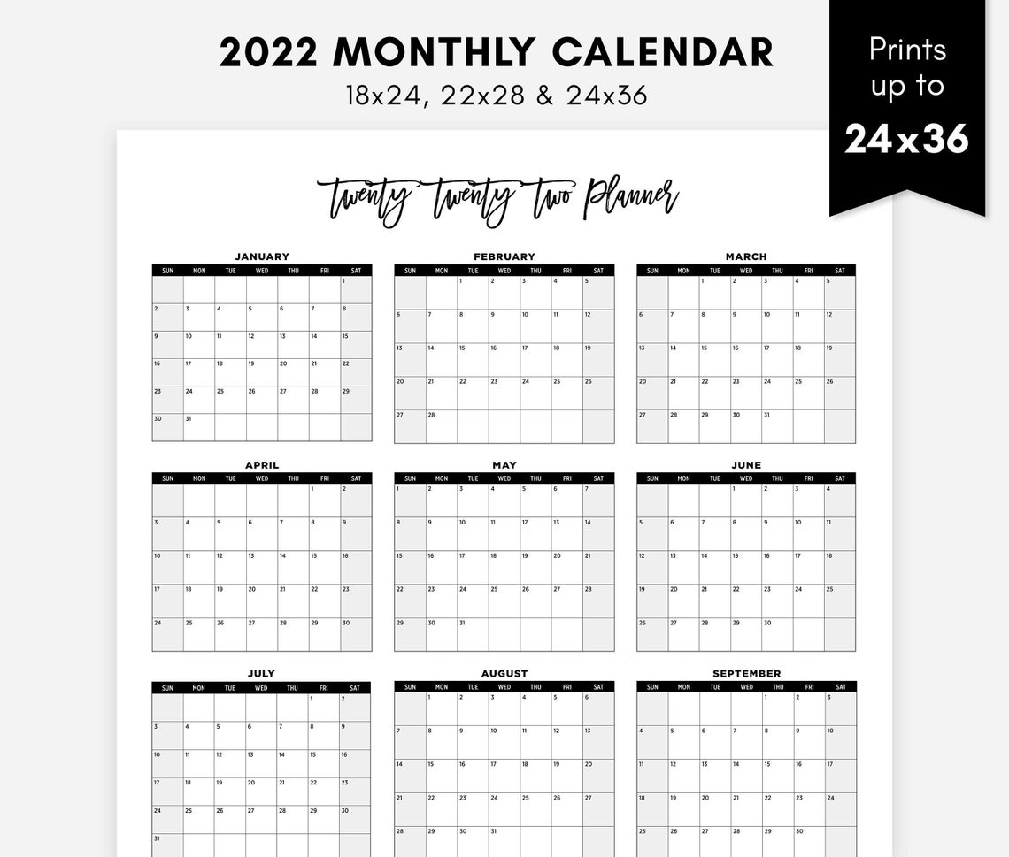 2022 Printable Large Calendar 2022 Simple Wall Calendar 2022 Etsy Canada