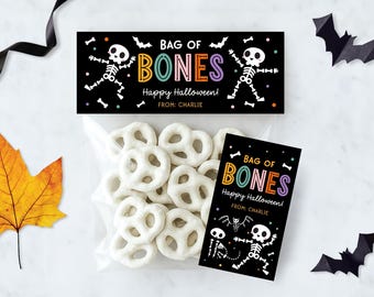 Bag of Bones Halloween Treat Bag Topper, Printable Skeleton Bag Topper, Bonus Gift Tag, Pretzels or Candy Fun Party Favor, 3 sizes, Canva