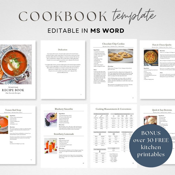 Editable Cookbook MS Word Template Classic Style, Printable Recipe Book Binder Kit, Kitchen Recipe Book Template, Cookbook Pages Template