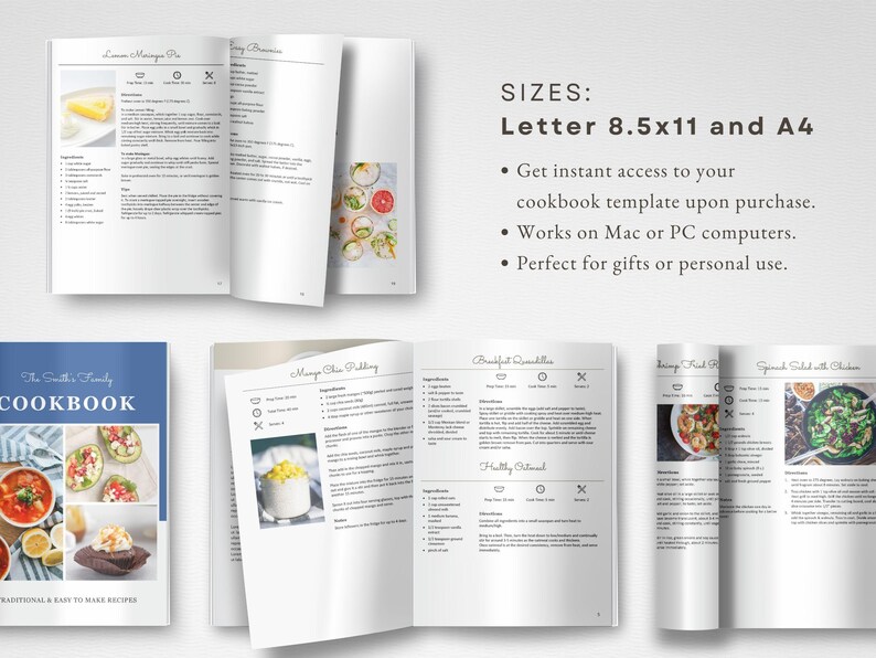 May include: A blue and white cookbook cover with the title "The Smith's Family Cookbook" and the text "Traditional & Easy to Make Recipes". The cover features photos of various dishes, including a bowl of soup, a plate of avocado toast, and a dessert.