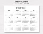 2026 Horizontal Calendar, 2026 Desk Landscape Calendar, Printable Calendar, Instant Download, Minimalist Calendar, Sunday Monday, Script