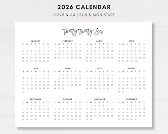 2026 Horizontal Calendar, 2026 Desk Landscape Calendar, Printable Calendar, Instant Download, Minimalist Calendar, Sunday Monday, Script