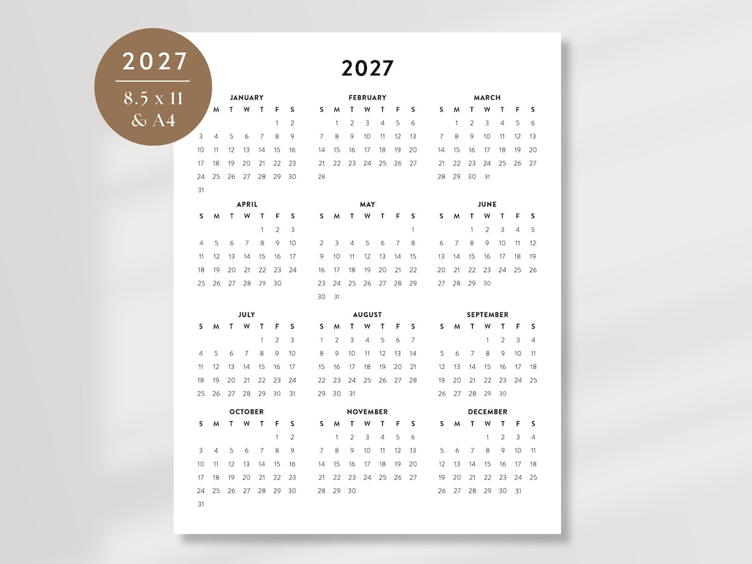 2027 Calendar, Printable 2027 Planner, 2027 Desk Calendar, Letter 8 ...