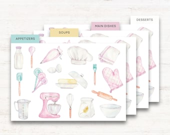 Op de afbeelding: Een set bedrukbare stickers met aquarel illustraties van keukengerei en bakbenodigdheden. De stickers zijn gelabeld met de categorieën: Voorgerechten, Soepen, Hoofdgerechten en Desserts.