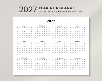 2027年カレンダー一覧、ミニマルな印刷可能な壁掛けカレンダー、2027年レターサイズとA4サイズ、デジタルカレンダー