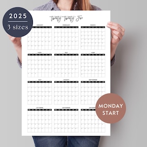 Calendrier 2025 début du lundi, grand calendrier mural 2025 imprimable, agenda 2025, grand calendrier, agenda de bureau numérique, téléchargement immédiat