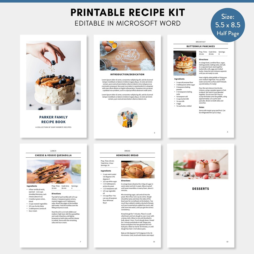 Half Page Recipe Template Kit Half Letter Editable Template - Etsy