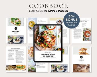 May include: A digital cookbook with the title "Ultimate Book of Recipes" and a collection of food photos. The cookbook is editable in Apple Pages and includes 30+ bonus printable pages.