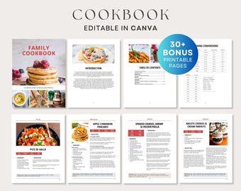 Puede incluir: Diseño de libro de cocina con el título "Family Cookbook" y el texto "Editable in Canva". Las páginas presentan recetas, incluyendo panqueques, Pico de Gallo y chorizo español. Un círculo azul indica "30+ Bonus Printable Pages".