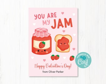 You are my Jam, Printable Kids Jam and Toast Classroom Valentine Card, Editable School Valentintine, Cute Jam and Toast, Instant Download