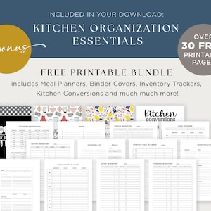 May include: A printable bundle of kitchen organization essentials, including meal planners, binder covers, inventory trackers, and kitchen conversions. The bundle includes over 30 free printable pages.