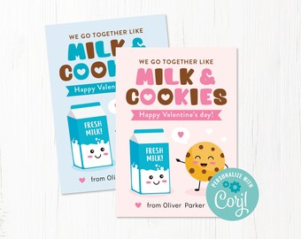 We go Together Like Milk and Cookies, Printable Kids Classroom Valentine Card, Editable Cute School Valentine, Printable Cookie Love Cards