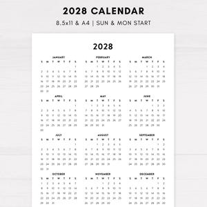 May include: A 2028 calendar printed on a white sheet with black text. The header reads 2028 CALENDAR 8.5x11 & A4 | SUN & MON START. The layout displays all twelve months from January to December, each with a grid of days and dates in black.