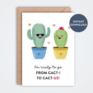 Schattige cactussen afdrukbare wenskaart, DYI-kaartsjabloon, grappige schattige cactussen, Valentijn, liefde, grappige kaart voor vriendin of vriend, kaart van 5 x 7