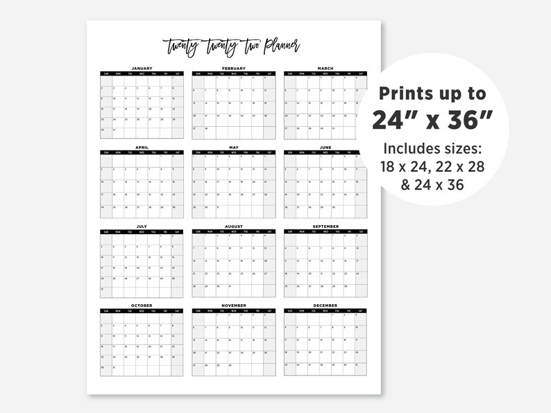 2022 Printable Large Calendar 2022 Simple Wall Calendar 2022 Etsy