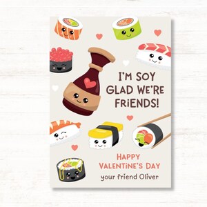Soy Glad we&#39;re Friends, Printable Kids Classroom Valentine, Cute Sushi Valentine Tag, Sushi School Valentine&#39;s Card DIY, Soy Sauce and Sushi