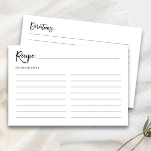May include: A printable recipe card with lines for writing down ingredients and directions. The card has a simple design with black text on a white background.