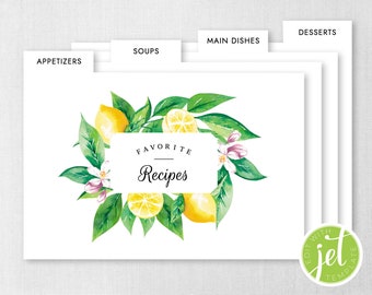 Editable Recipe Card Dividers, 4x6 and 5x7 Recipe Card Dividers, Printable Recipe Dividers, Editable Recipe Cards, Lemon Recipe Dividers