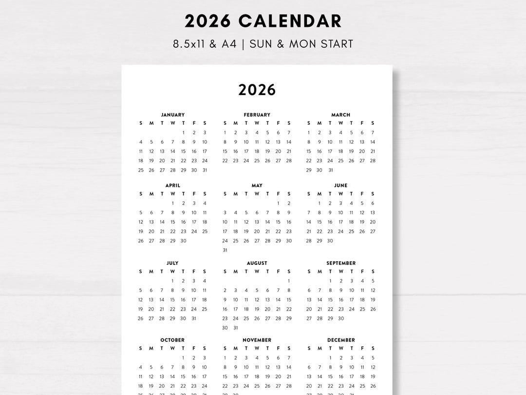 2026 Year at a Glance Printable Desk Calendar, Minimalist One-page Wall ...